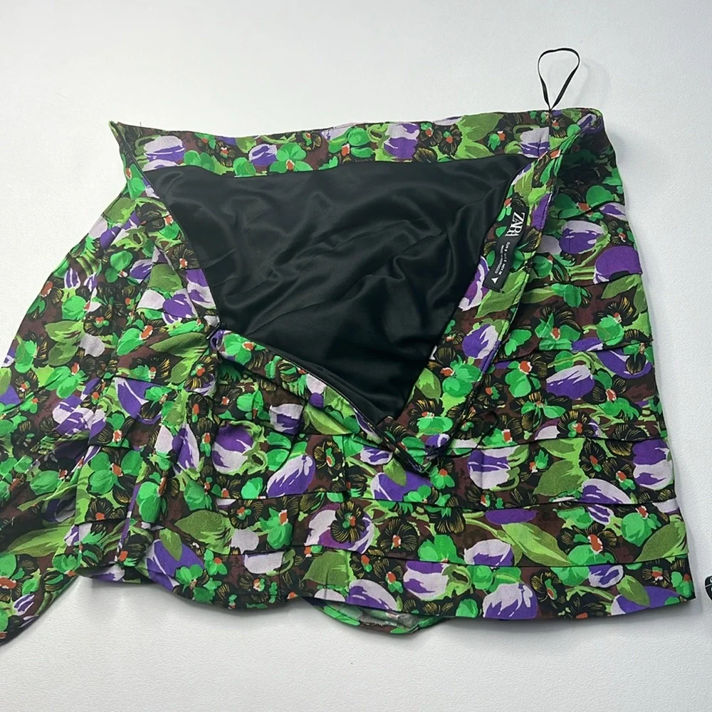 ZARA skirt Floral Mini ruffle festival party edgy bold layer colorful romantic S